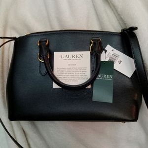 NWT Lauren Ralph Lauren W/Top Zip Leather Satchel Bag Black with Gold Hardware